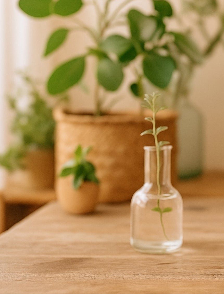 Plantas en maceta y un brote en un frasco de vidrio sobre una mesa de madera